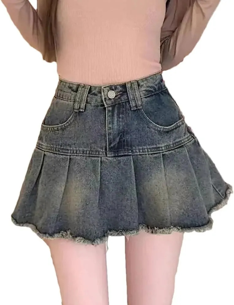 Women's Washed Vintage Fringe Denim Mini Skirts High Waisted Slimming Plenty Wrinkles Denim Skirts