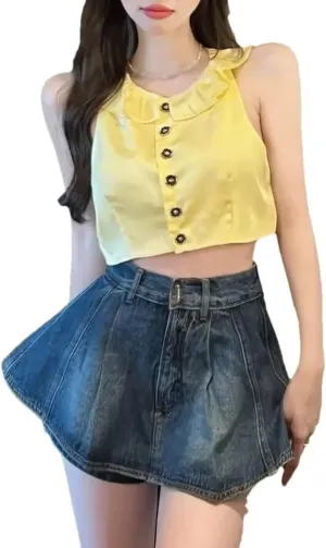 Women's Washed Vintage High Waist Denim Mini Skirts Plus Size Stretch A-Line Skirts