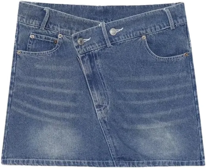 Women's Washed Vintage High Waist Pocket Button Denim Mini Skirts Asymmetrical Hem Summer Denim Skirts