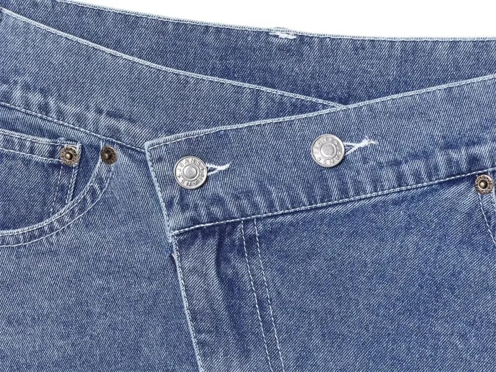 Women's Washed Vintage High Waist Pocket Button Denim Mini Skirts Asymmetrical Hem Summer Denim Skirts