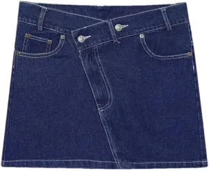 Women's Washed Vintage High Waist Pocket Button Denim Mini Skirts Asymmetrical Hem Summer Denim Skirts