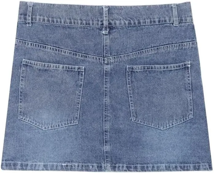 Women's Washed Vintage High Waist Pocket Button Denim Mini Skirts Asymmetrical Hem Summer Denim Skirts