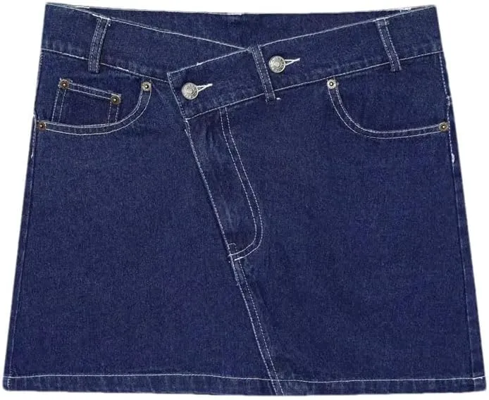 Women's Washed Vintage High Waist Pocket Button Denim Mini Skirts Asymmetrical Hem Summer Denim Skirts