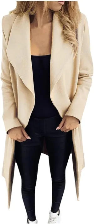 Women's Wide Lapel Open Front Wool Blend Trench Coat Business Casual Cardigan Jacket Long Sleeve Pea Coat Overcoats