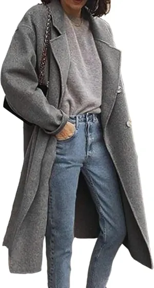 Womens Winter Coats Oversized Lapel Collar Single Breasted Overcoat Wool Blend Trench Coat Casual Loose Long Outwear