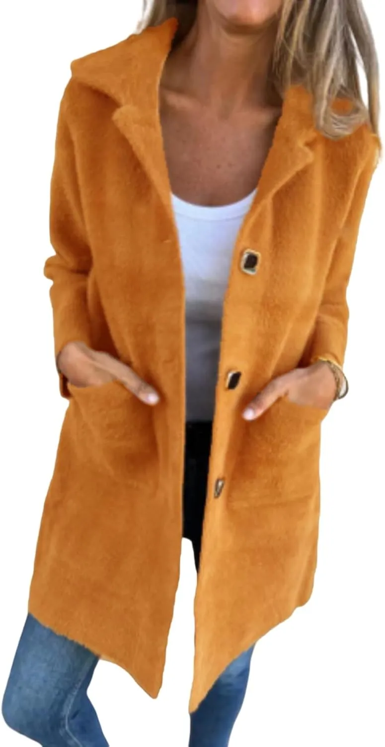 Women's Winter Coats Single Breasted Jacket Open Front Lapel Collar Cardigan Wool Blend Overcoat Solid Color Trendy Outwear