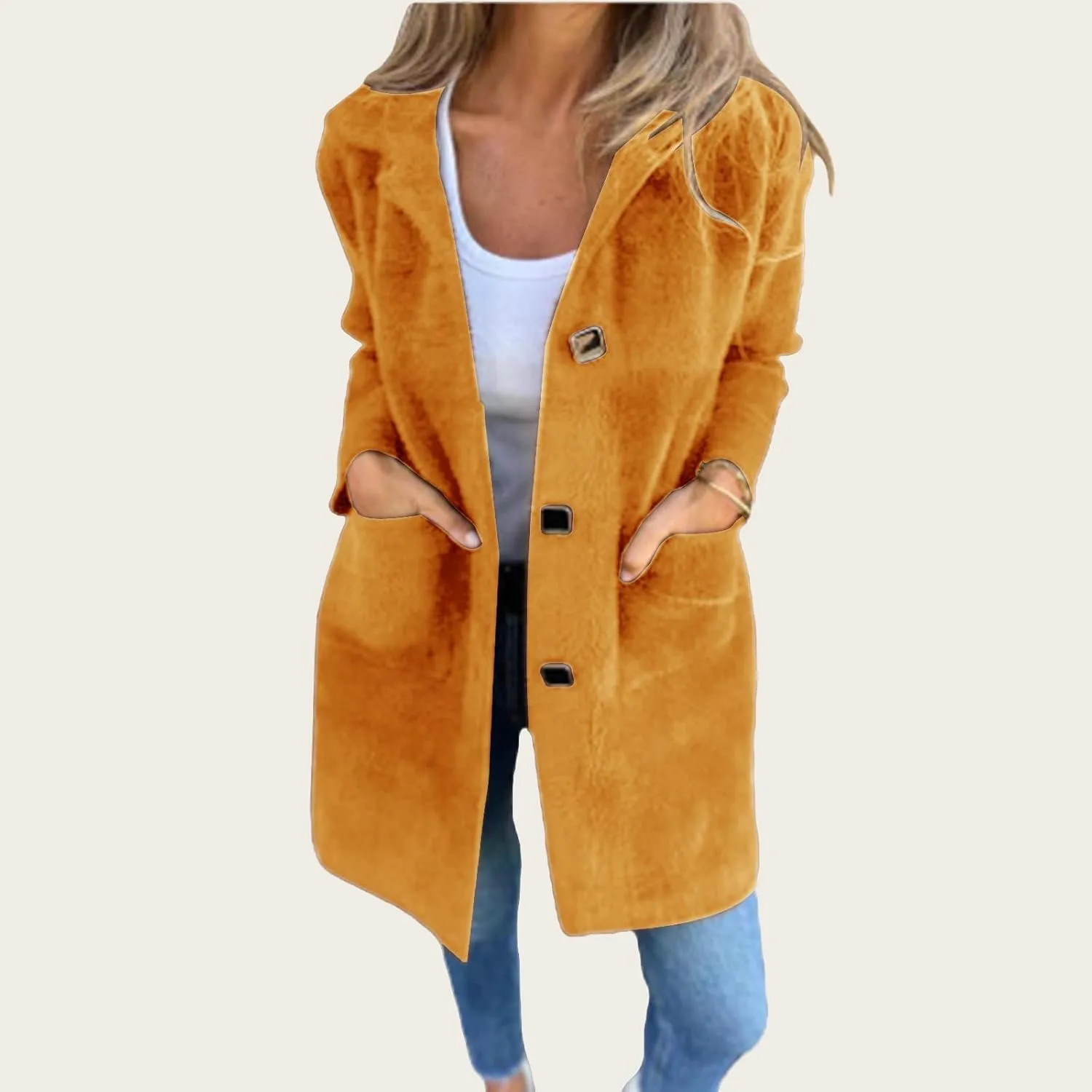 Women's Winter Coats Single Breasted Jacket Open Front Lapel Collar Cardigan Wool Blend Overcoat Solid Color Trendy Outwear