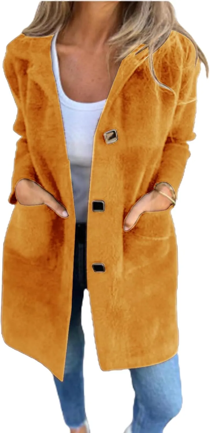 Women's Winter Coats Single Breasted Jacket Open Front Lapel Collar Cardigan Wool Blend Overcoat Solid Color Trendy Outwear