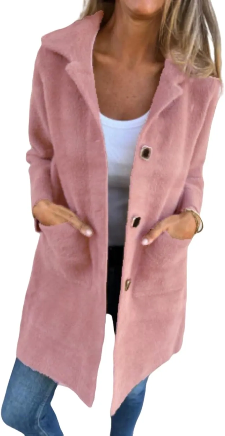 Women's Winter Coats Single Breasted Jacket Open Front Lapel Collar Cardigan Wool Blend Overcoat Solid Color Trendy Outwear