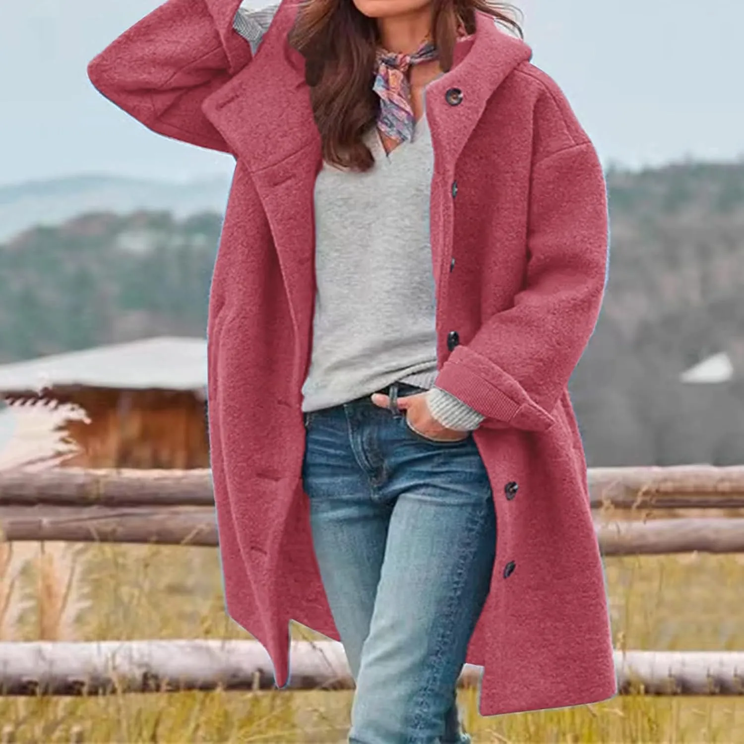 Womens Winter Coats Single Breasted Wool Blend Trench Coat Oversized Thicken Warm Overcoat Casual Loose Hooded Outwear
