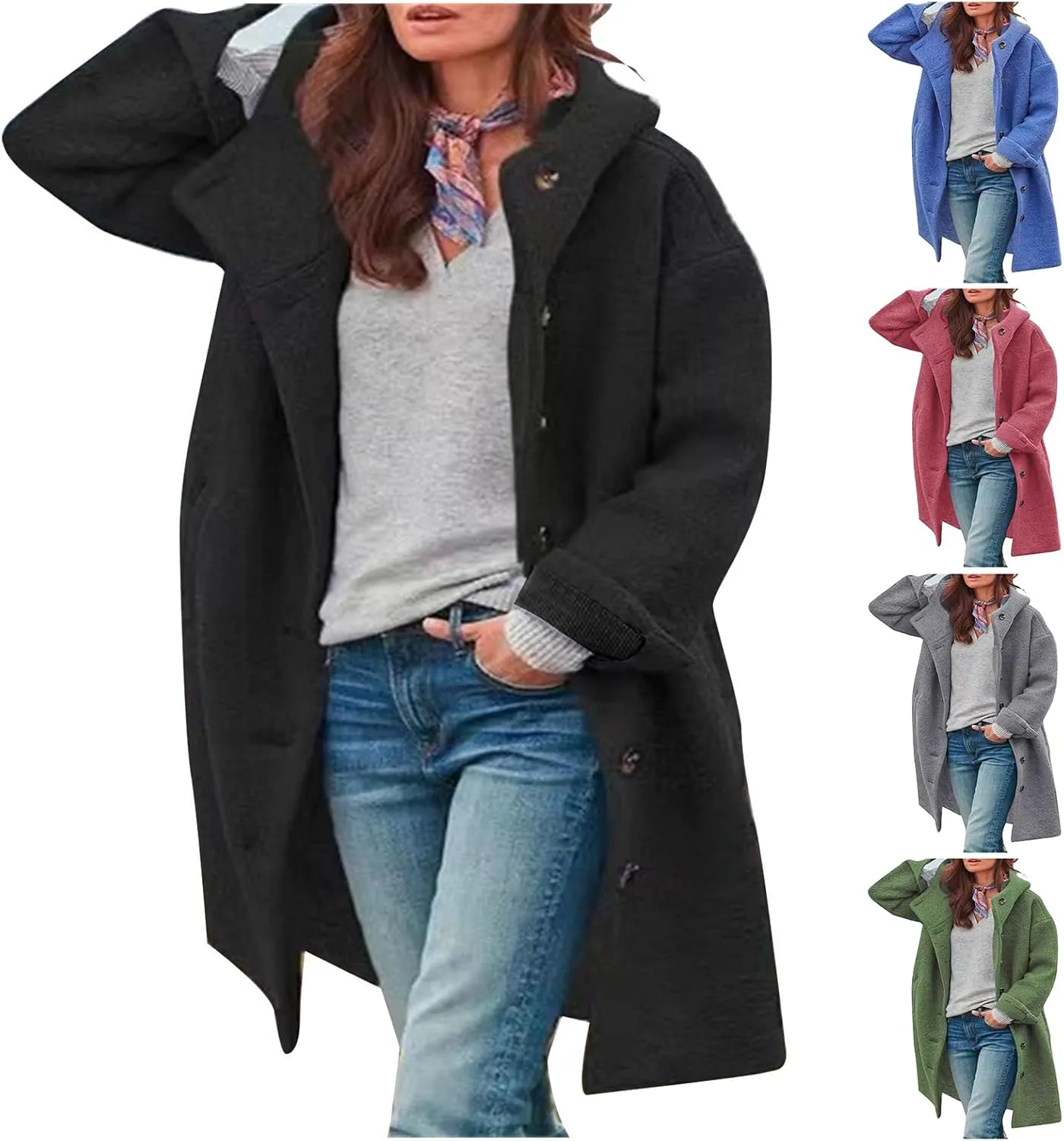 Womens Winter Coats Single Breasted Wool Blend Trench Coat Oversized Thicken Warm Overcoat Casual Loose Hooded Outwear
