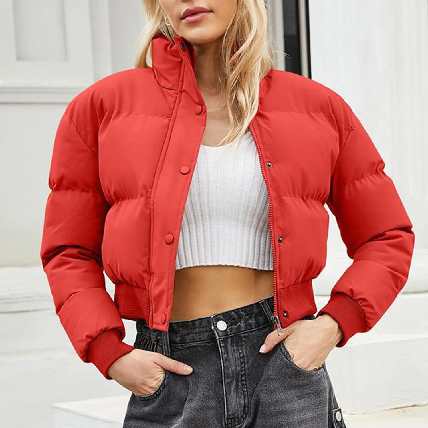 Women's Winter Cropped Puffer Jacket Long Sleeve Oversized Stand Collar Zip-Up Short Down Coat Fashion Solid Outwear