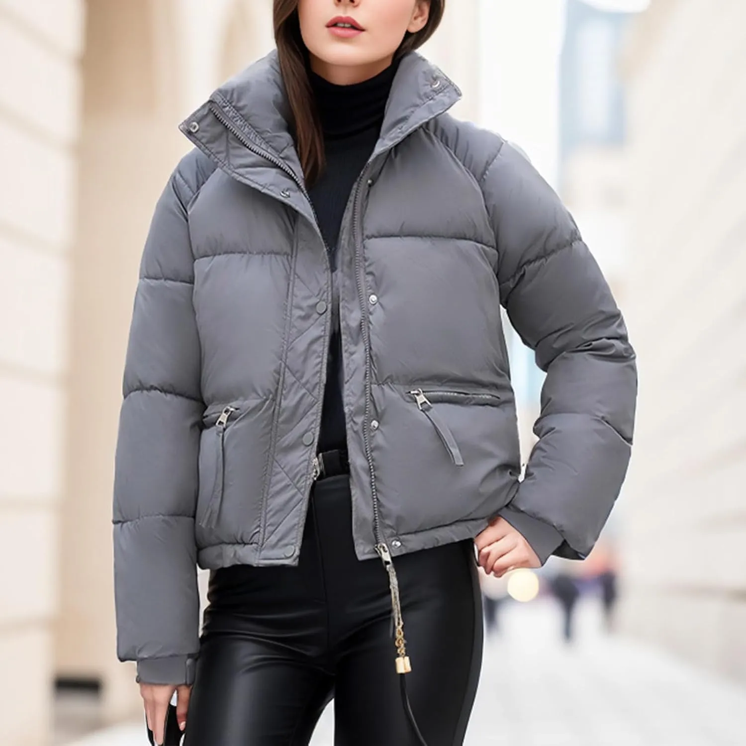 Women's Winter Cropped Puffer Jackets Long Sleeve Stand Collar Zip-Up Short Down Coat 2024 Casual Quilted Outerwear