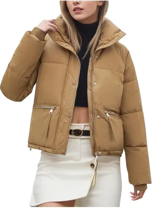 Women's Winter Cropped Puffer Jackets Long Sleeve Stand Collar Zip-Up Short Down Coat 2024 Casual Quilted Outerwear