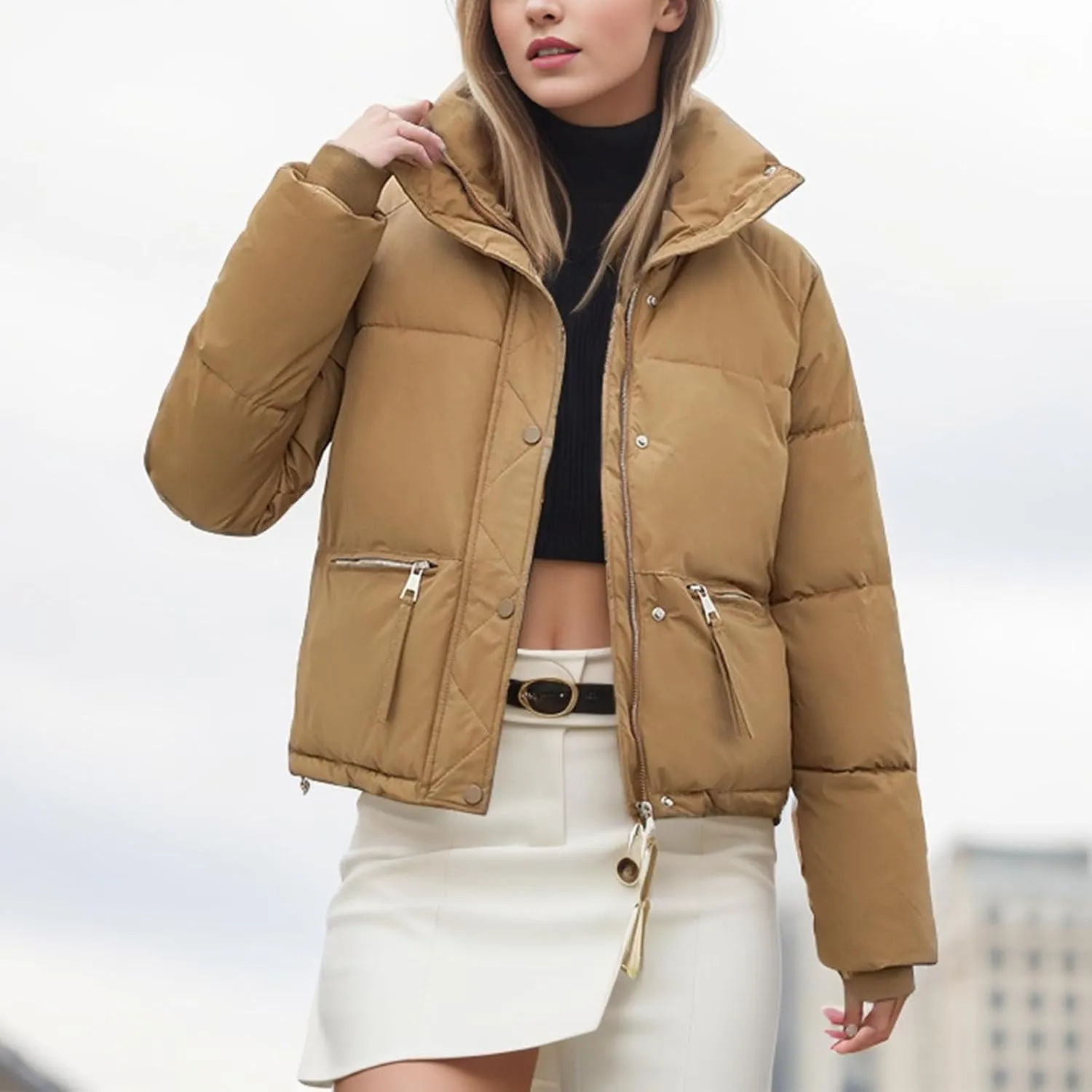 Women's Winter Cropped Puffer Jackets Long Sleeve Stand Collar Zip-Up Short Down Coat 2024 Casual Quilted Outerwear