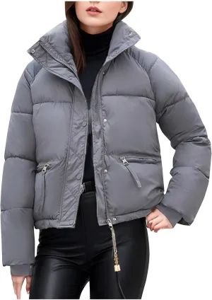 Women's Winter Cropped Puffer Jackets Long Sleeve Stand Collar Zip-Up Short Down Coat 2024 Casual Quilted Outerwear
