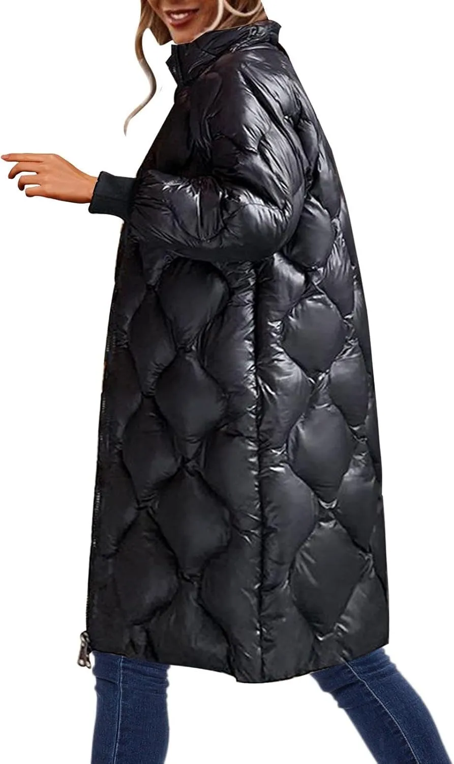 Women's Winter Glossy Down Jacket Ultralight Long Down Outerwear Puffer Jacket Hooded Coat Full-Zip Full Zipper Parka