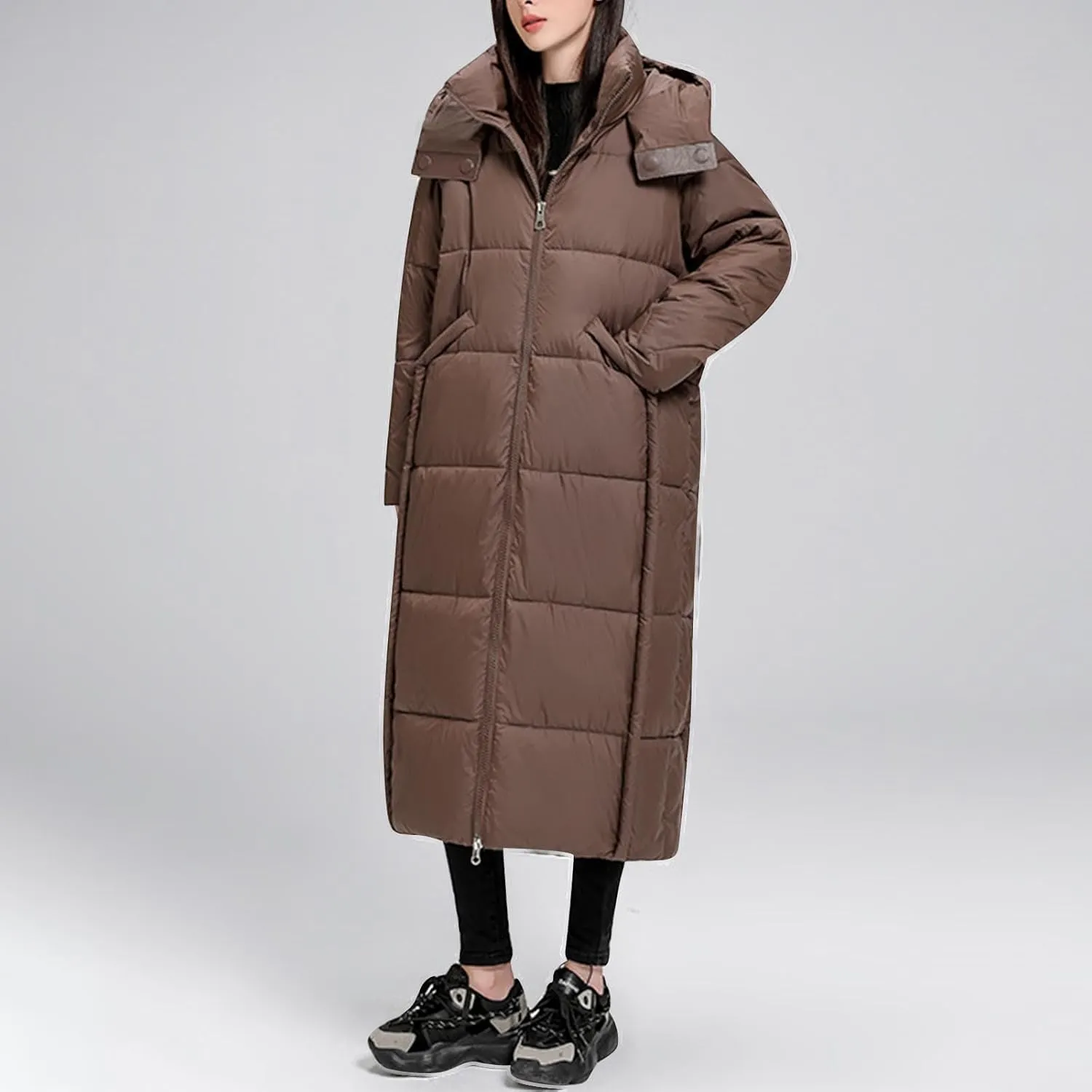 Women's Winter Long Puffer Coats Hooded Zip Up Casual Thickened Down Jackets Trendy Warm Clothes Outerwear Parkas