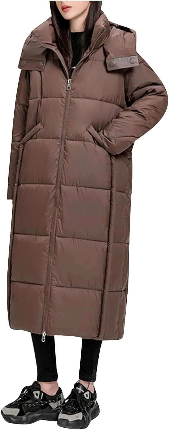 Women's Winter Long Puffer Coats Hooded Zip Up Casual Thickened Down Jackets Trendy Warm Clothes Outerwear Parkas