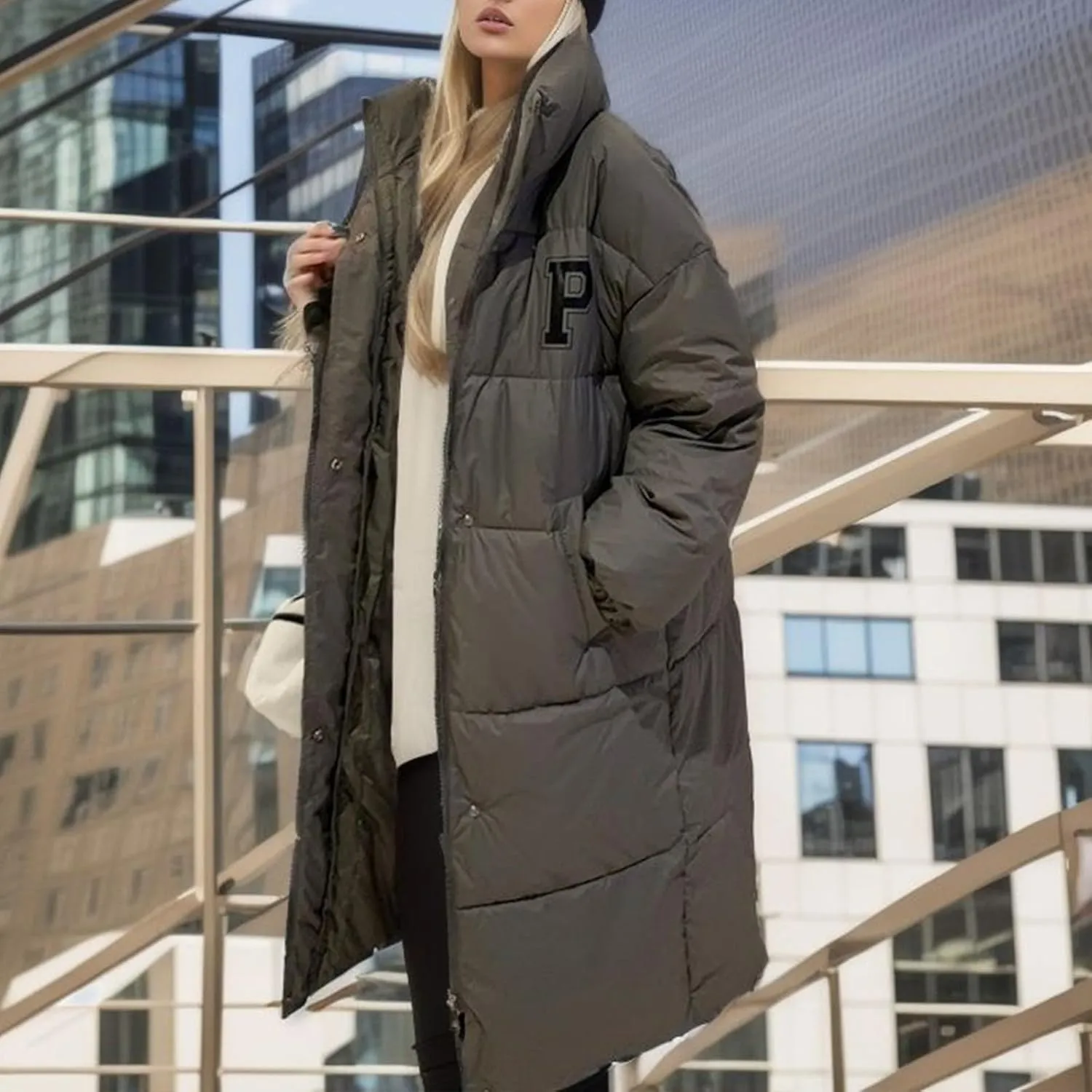 Women's Winter Thickened Down Jackets Long Quilted Puffer Coats Warm Loose Fit Casual Trendy P Letter Outerwear