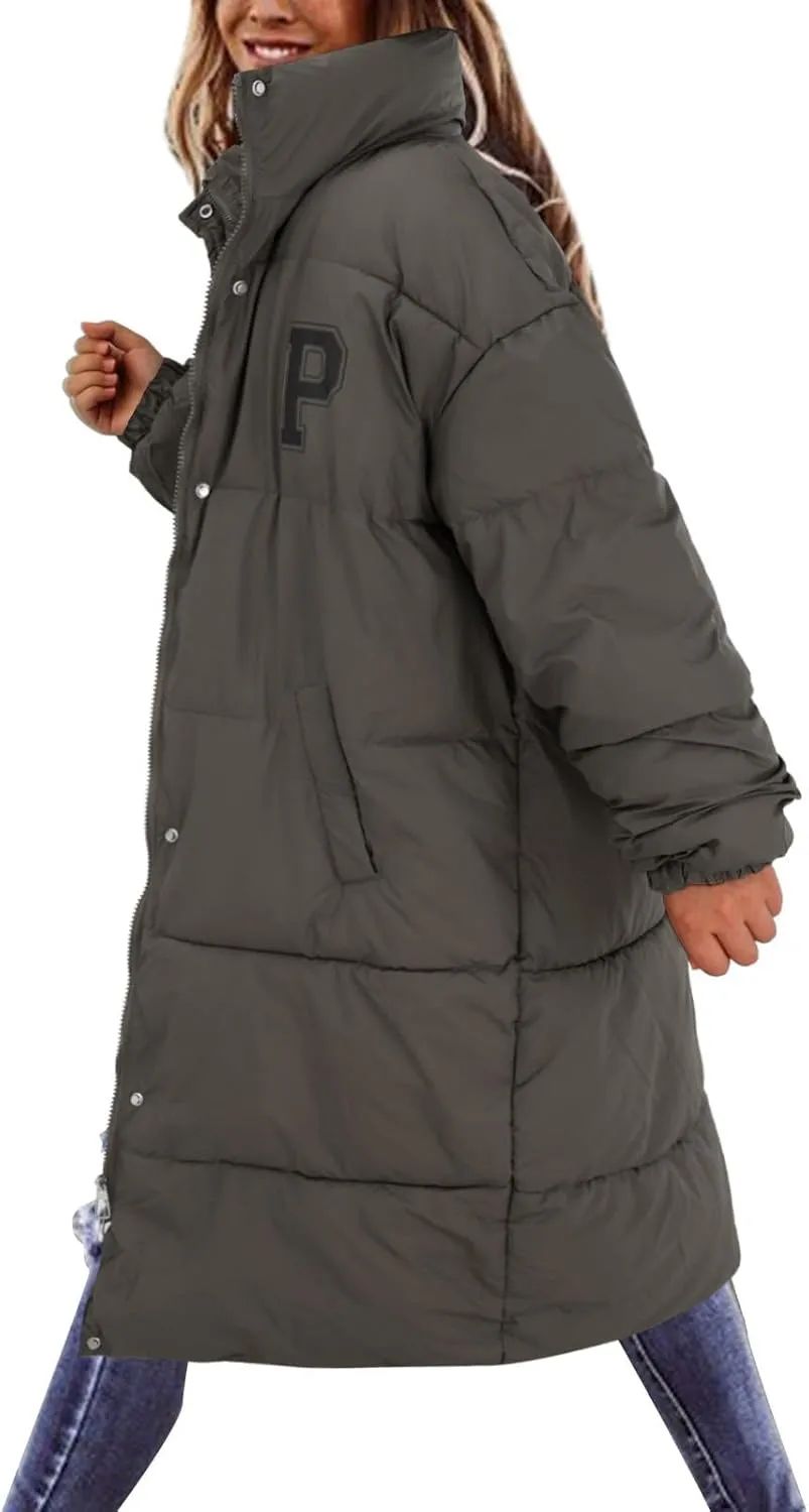 Women's Winter Thickened Down Jackets Long Quilted Puffer Coats Warm Loose Fit Casual Trendy P Letter Outerwear
