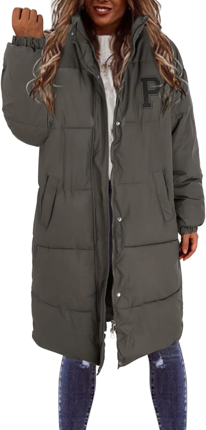 Women's Winter Thickened Down Jackets Long Quilted Puffer Coats Warm Loose Fit Casual Trendy P Letter Outerwear