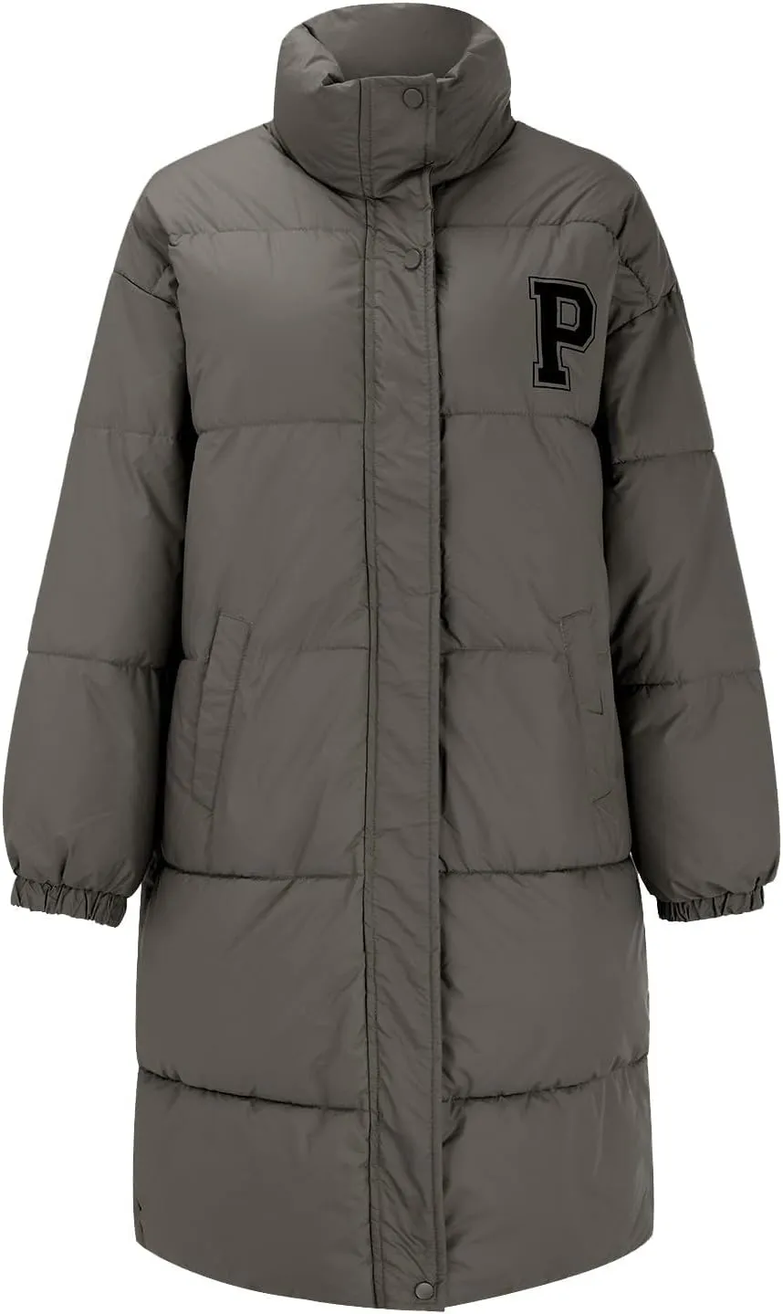 Women's Winter Thickened Down Jackets Long Quilted Puffer Coats Warm Loose Fit Casual Trendy P Letter Outerwear