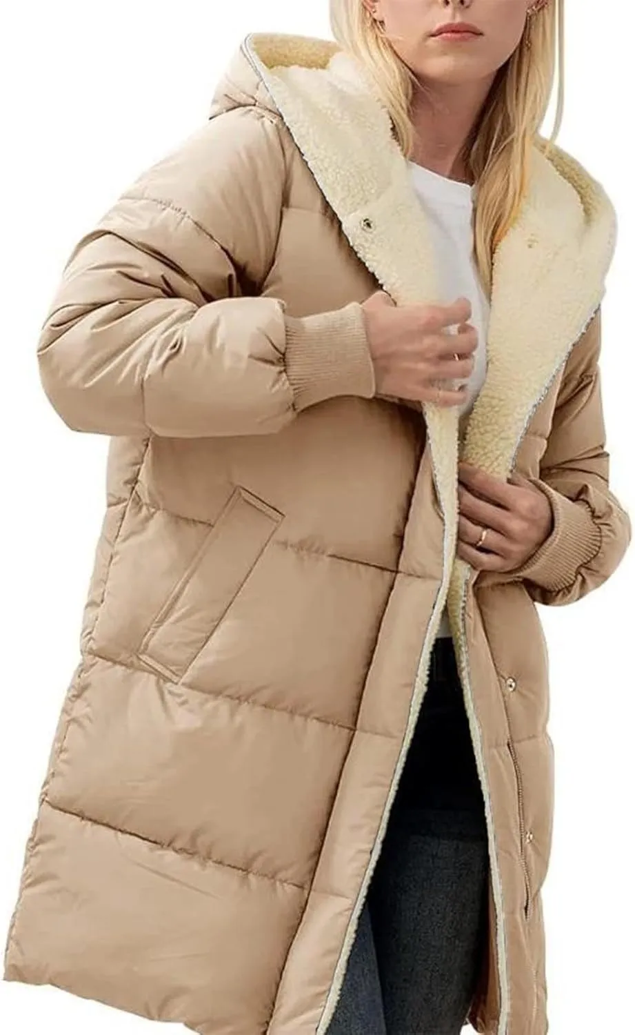 Womens Winter Warm Coats Sherpa Fleece Lined Puffer Jackets Thickened Long Hooded Down Outerwear Fashions 2024