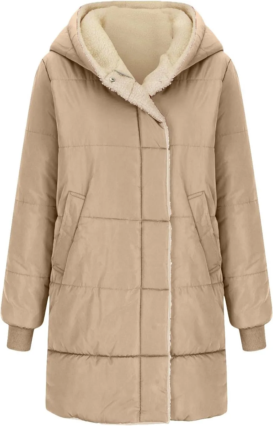 Womens Winter Warm Coats Sherpa Fleece Lined Puffer Jackets Thickened Long Hooded Down Outerwear Fashions 2024