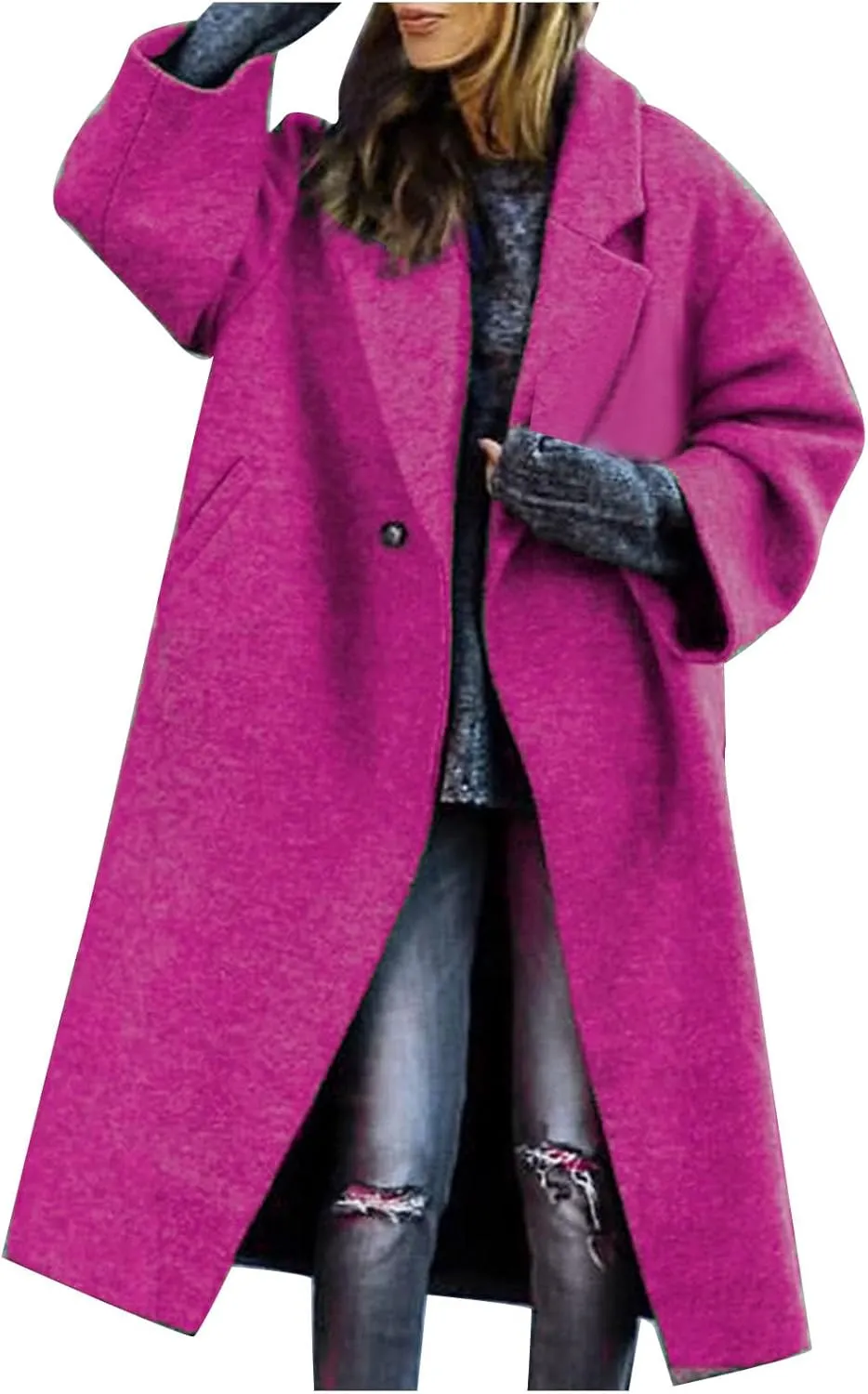 Women's Winter Woolen Coat,Lapel Collar One Button Winter Long Shacket Coat Plus Sized Trench Coat Pockets