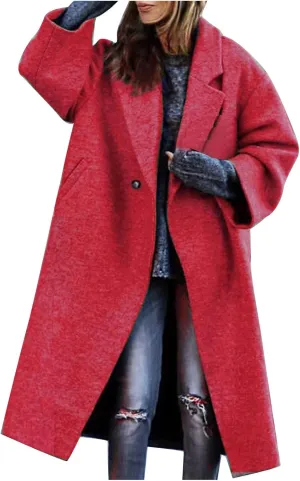 Women's Winter Woolen Coat,Lapel Collar One Button Winter Long Shacket Coat Plus Sized Trench Coat Pockets