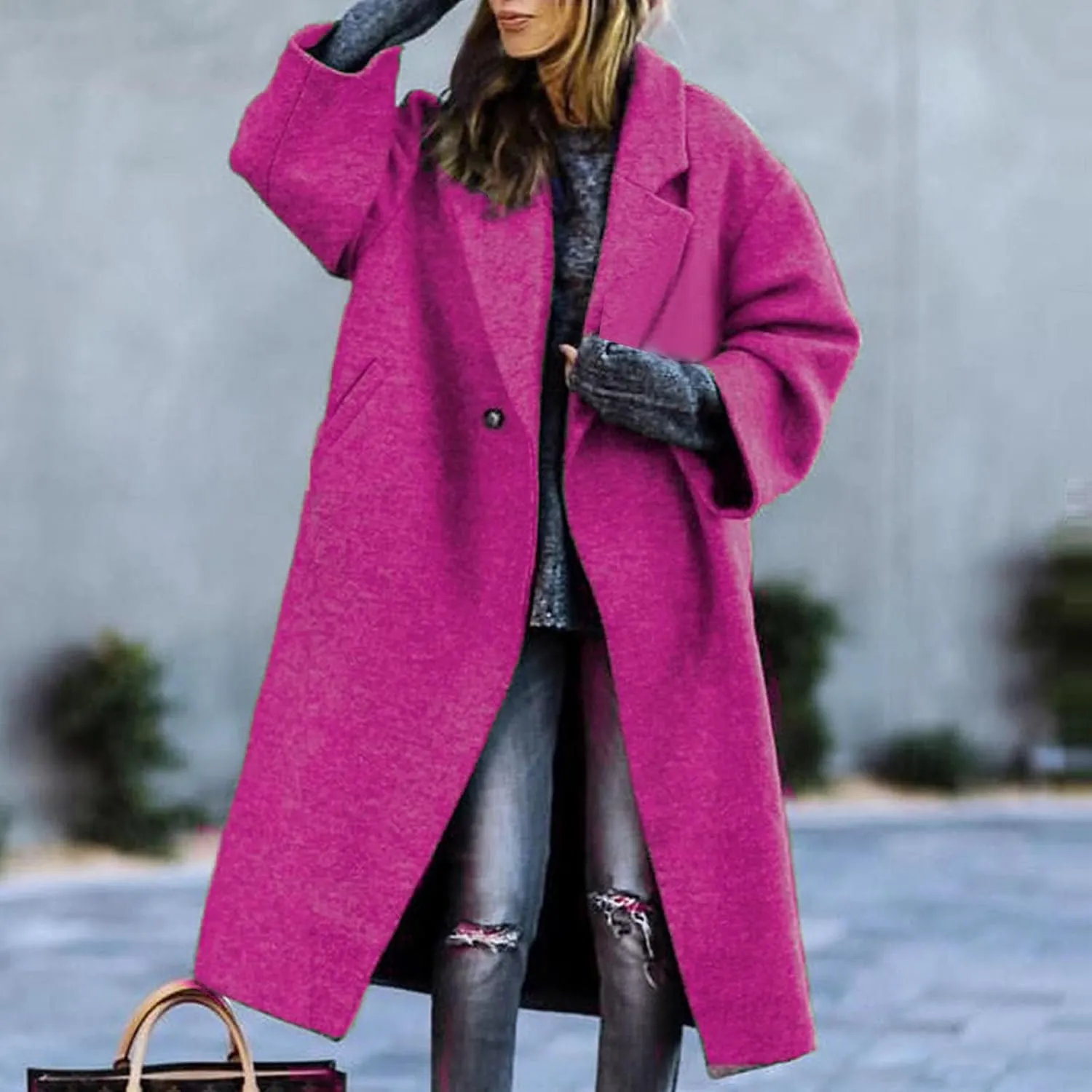 Women's Winter Woolen Coat,Lapel Collar One Button Winter Long Shacket Coat Plus Sized Trench Coat Pockets