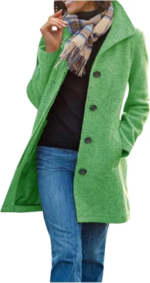 Women's Wool Blend Pea Coat Stand Collar Single Breasted Trench Casual Long Sleeve Coat Thicken Winter Overcoat