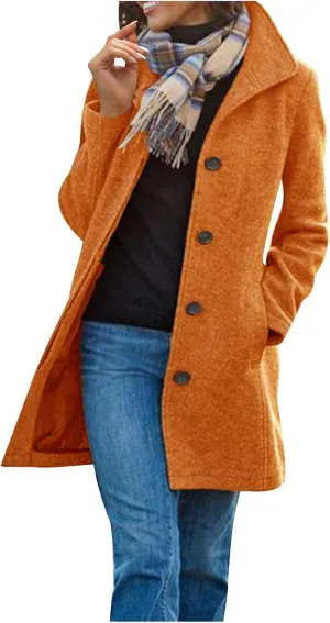 Women's Wool Blend Pea Coat Stand Collar Single Breasted Trench Casual Long Sleeve Coat Thicken Winter Overcoat