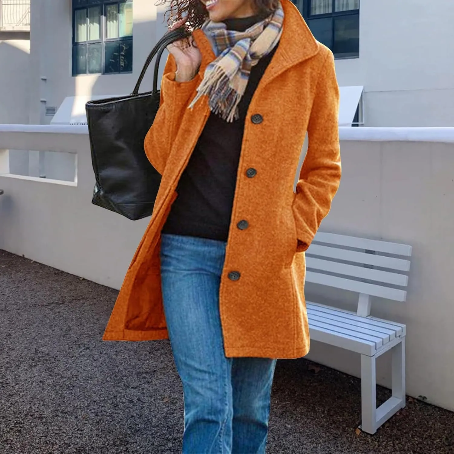 Women's Wool Blend Pea Coat Stand Collar Single Breasted Trench Casual Long Sleeve Coat Thicken Winter Overcoat