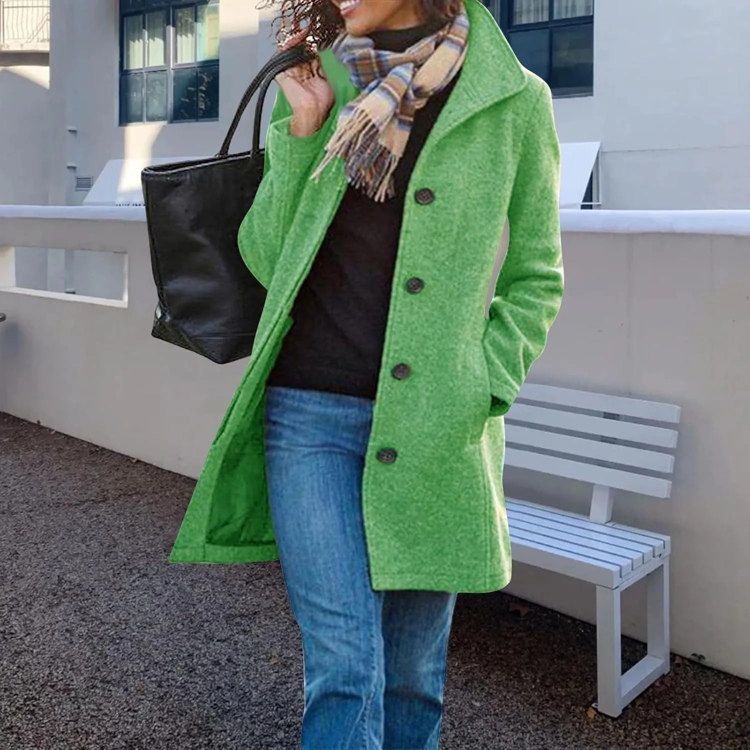 Women's Wool Blend Pea Coat Stand Collar Single Breasted Trench Casual Long Sleeve Coat Thicken Winter Overcoat