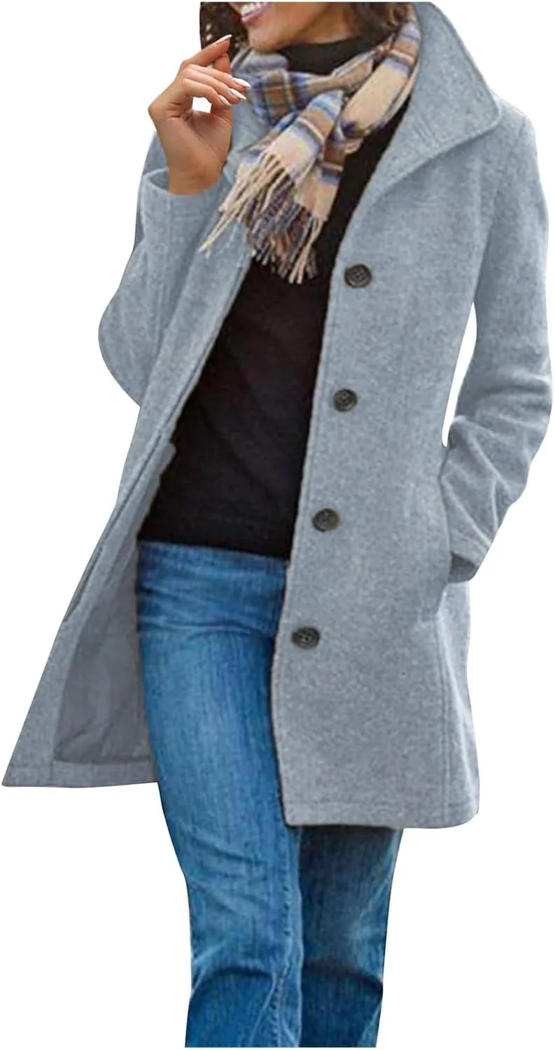 Women's Wool Blend Pea Coat Stand Collar Single Breasted Trench Casual Long Sleeve Coat Thicken Winter Overcoat