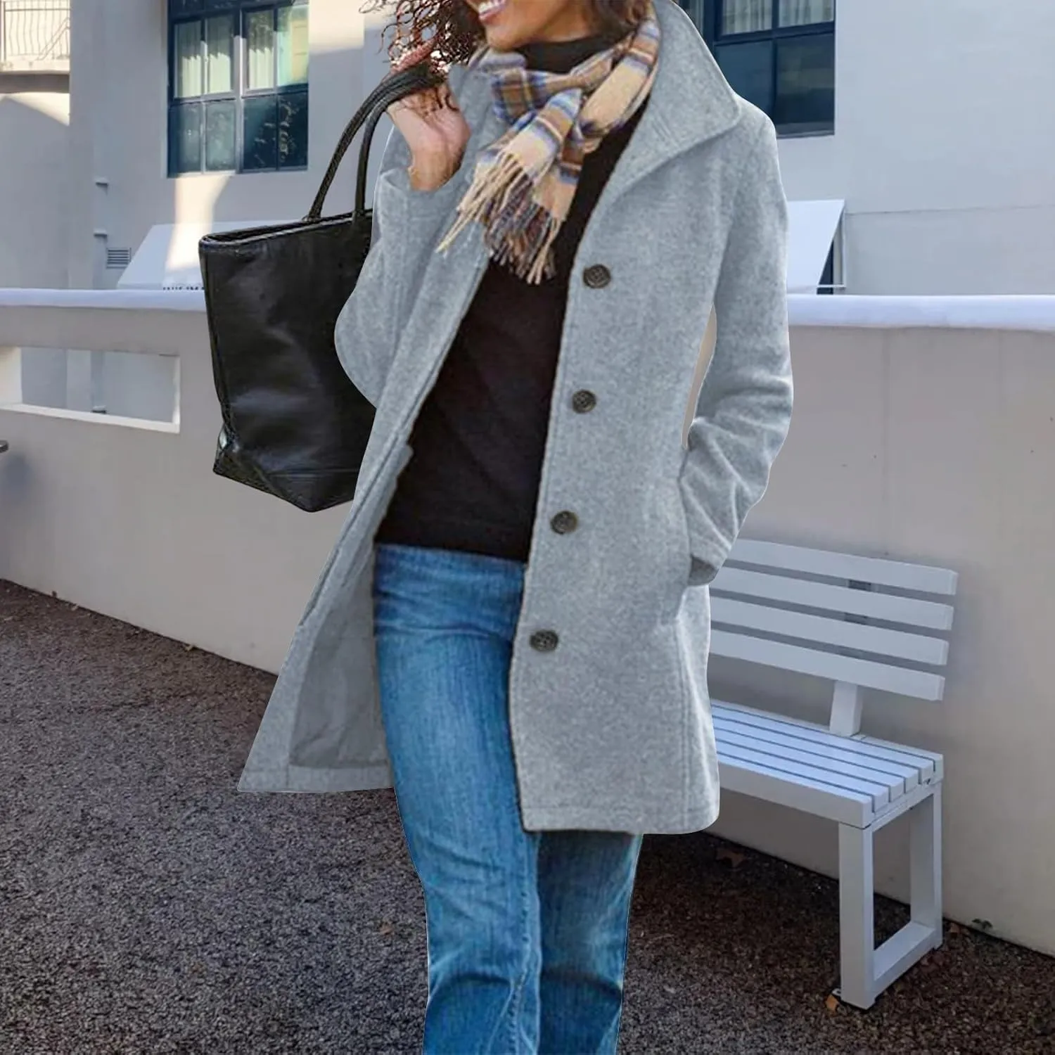 Women's Wool Blend Pea Coat Stand Collar Single Breasted Trench Casual Long Sleeve Coat Thicken Winter Overcoat
