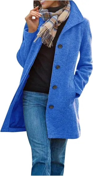 Women's Wool Blend Pea Coat Stand Collar Single Breasted Trench Casual Long Sleeve Coat Thicken Winter Overcoat