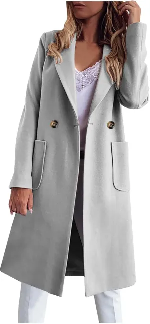 Women's Wool Blend Trench Coat Winter Jackets Mid Long Pea Coats Dressy Casual Double Breasted Overcoat with Pockets