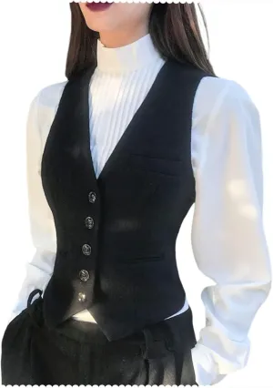 Women's Wool Blend Waistcoat V Neck Sleeveless Jacket Fully Lined Suit Vests