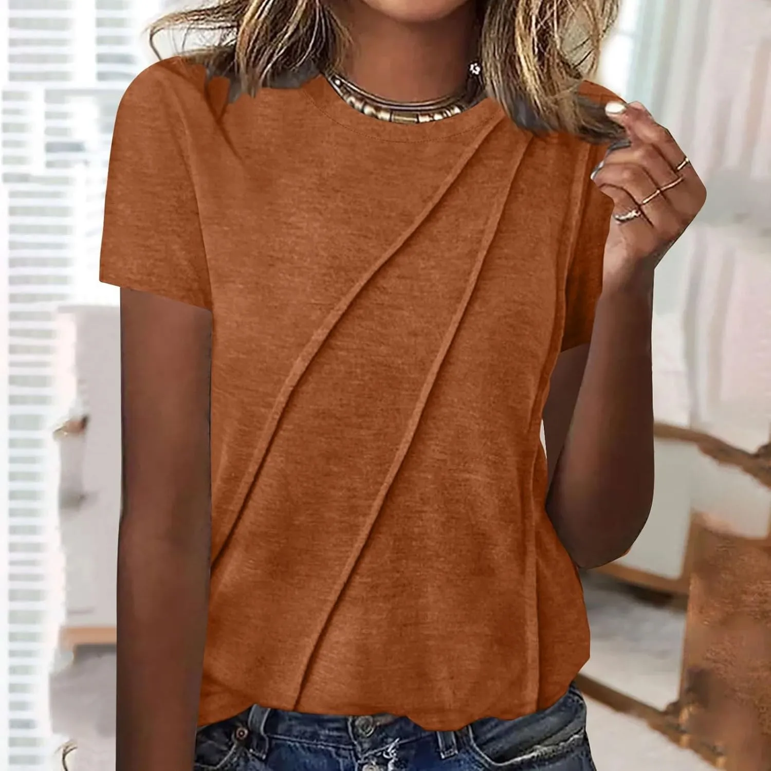 Womens Wrap Pleated Front T-Shirts Fashion Comfy Short Sleeve Tee Tops Casual Loose Fit Crewneck Solid Blouse Tunics