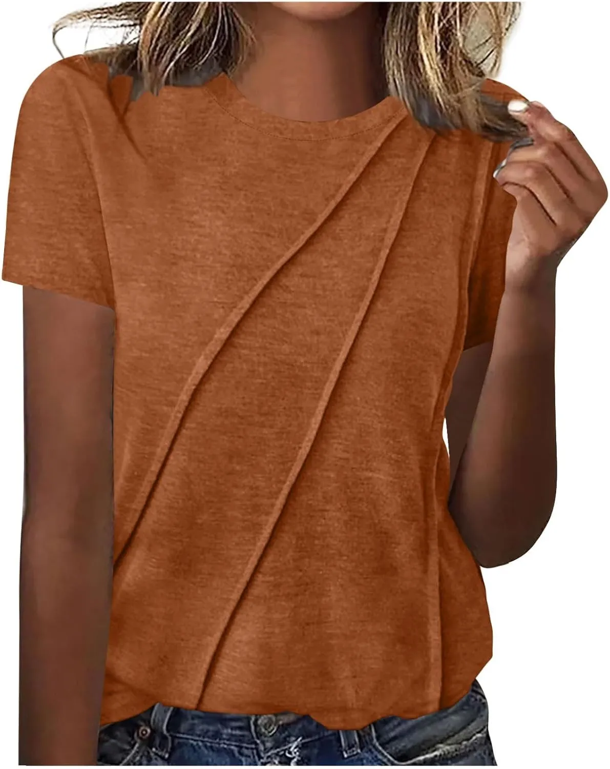 Womens Wrap Pleated Front T-Shirts Fashion Comfy Short Sleeve Tee Tops Casual Loose Fit Crewneck Solid Blouse Tunics