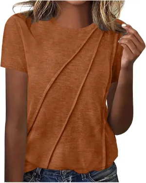 Womens Wrap Pleated Front T-Shirts Fashion Comfy Short Sleeve Tee Tops Casual Loose Fit Crewneck Solid Blouse Tunics