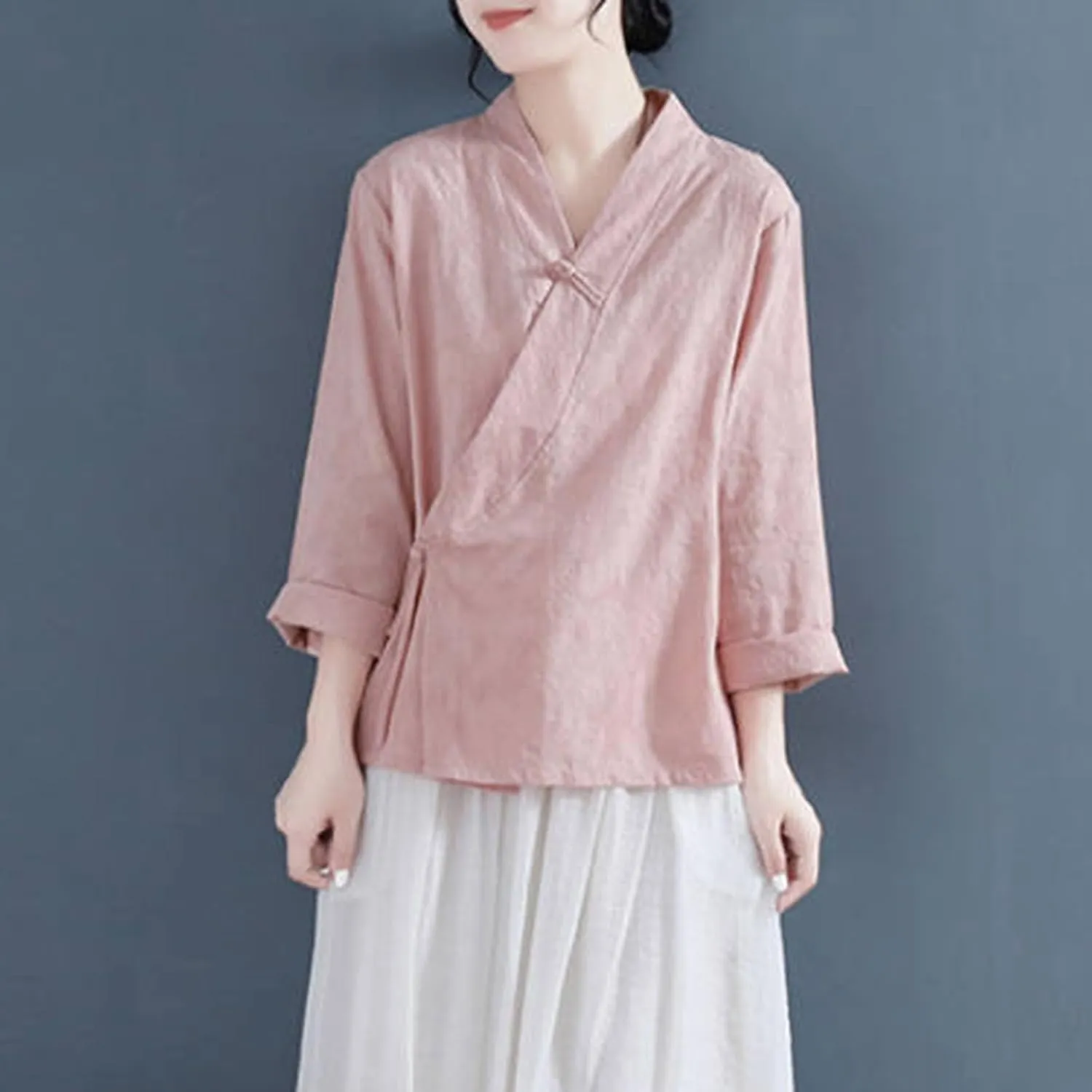 Women's Wrap V Neck Cotton Linen Blouse Summer Vintage Chinese Frog Button Tunic Shirts Casual Loose Long Sleeve Top