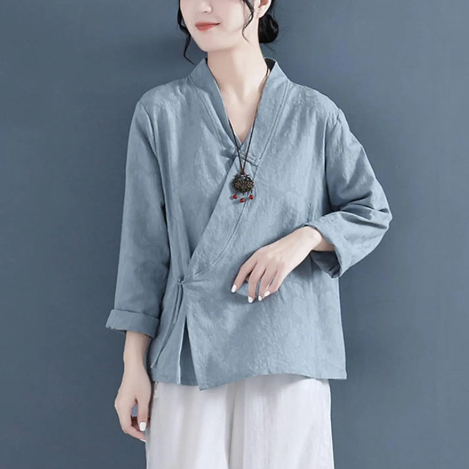 Women's Wrap V Neck Cotton Linen Blouse Summer Vintage Chinese Frog Button Tunic Shirts Casual Loose Long Sleeve Top
