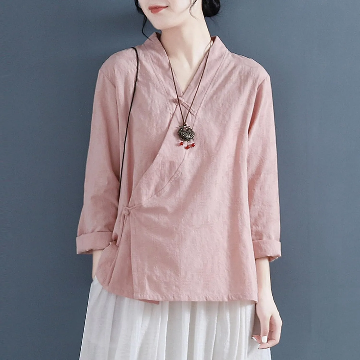 Women's Wrap V Neck Cotton Linen Blouse Summer Vintage Chinese Frog Button Tunic Shirts Casual Loose Long Sleeve Top