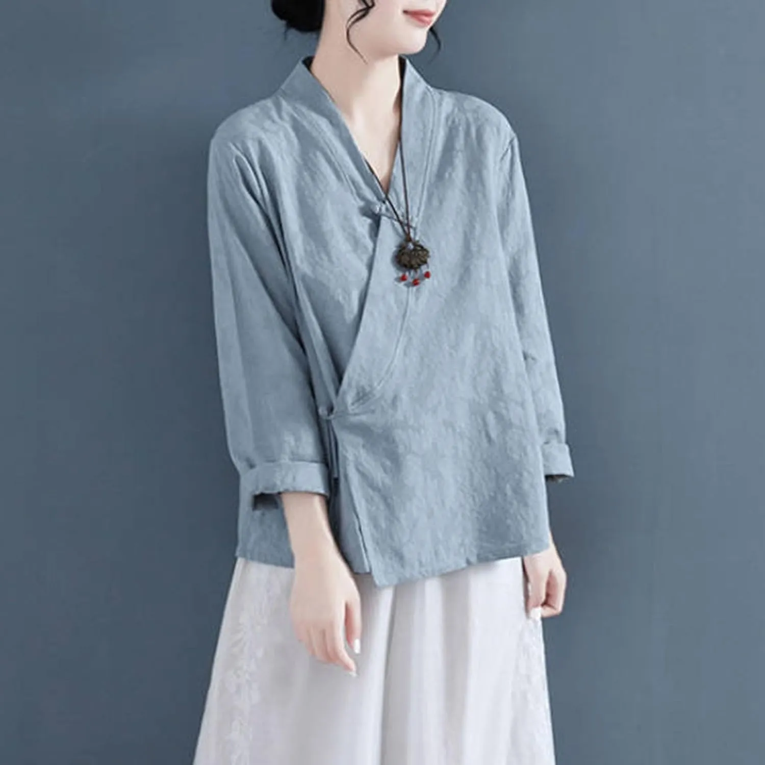 Women's Wrap V Neck Cotton Linen Blouse Summer Vintage Chinese Frog Button Tunic Shirts Casual Loose Long Sleeve Top
