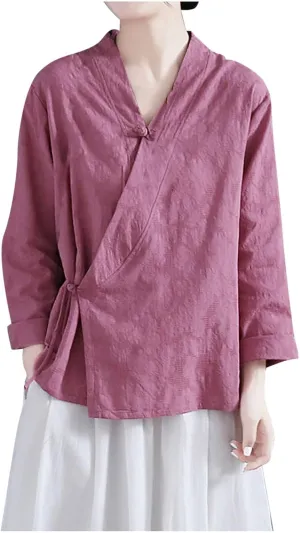 Women's Wrap V Neck Cotton Linen Blouse Summer Vintage Chinese Frog Button Tunic Shirts Casual Loose Long Sleeve Top