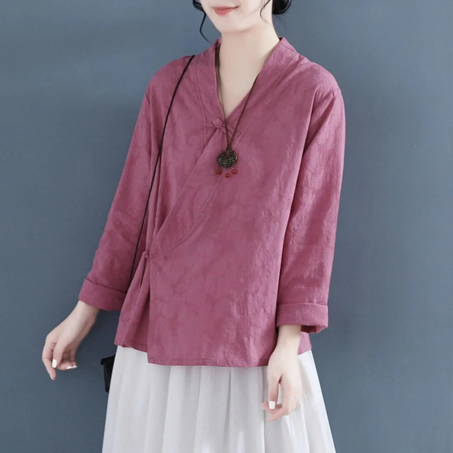Women's Wrap V Neck Cotton Linen Blouse Summer Vintage Chinese Frog Button Tunic Shirts Casual Loose Long Sleeve Top